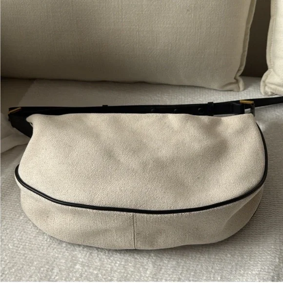 Zara linen off white ecru & black trim contrast oval crescent shoulder bag purse - Picture 7 of 8